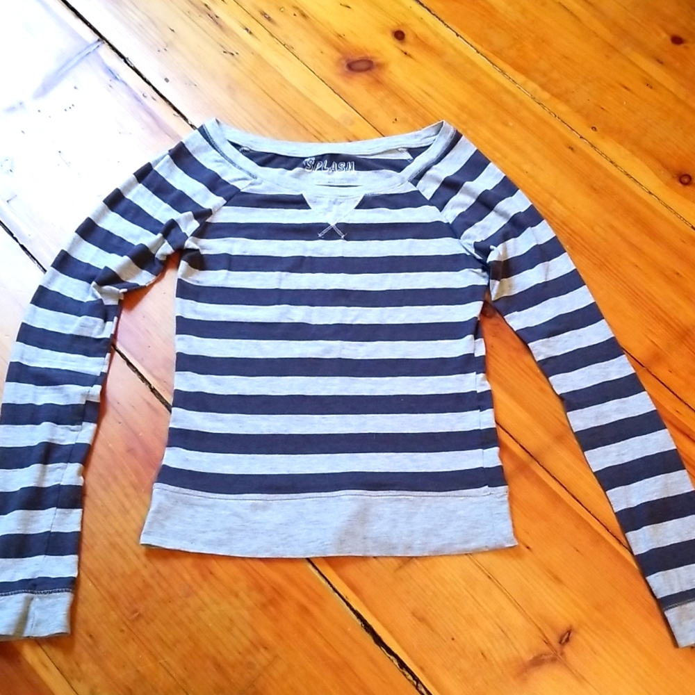 Juniors long sleeved grey/ dark grey striped shirt.